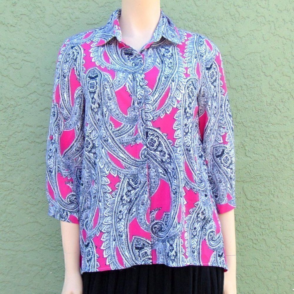 EUC INVESTMENTS Black, White & Pink  Paisley Violated Long Sleeve Shirt Petite S